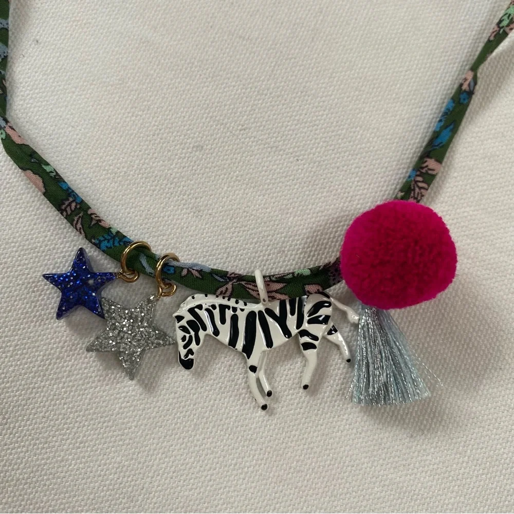Crewcuts J.Crew Girls Fabric Zebra Star Pompom Necklace Green Pink NWT